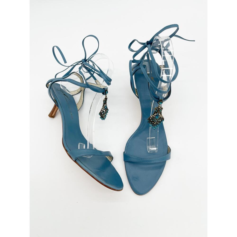 Giuseppe Zanotti y2k Vintage Teal Ankle Wrap Crystal Beaded Charm Sandals IT 41